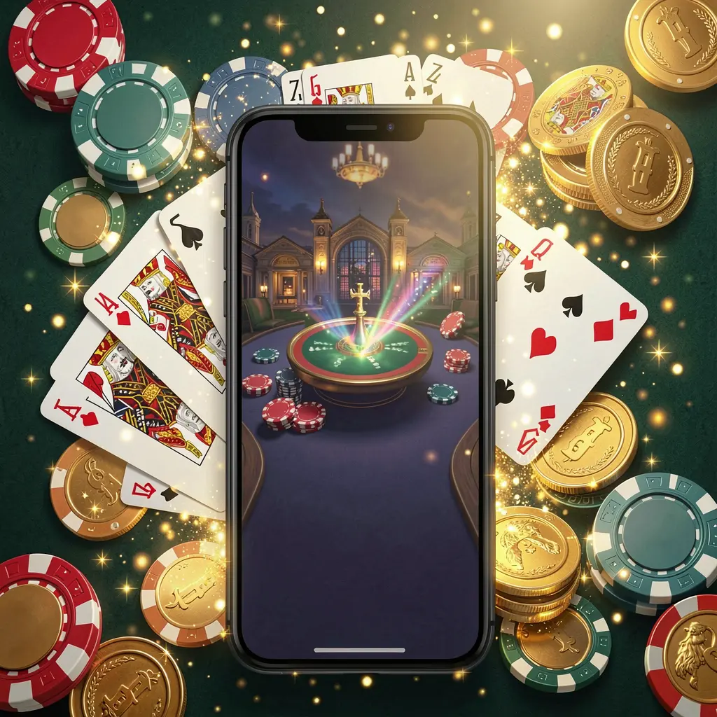 KKK9 mobile gaming application concept showing a smartphone surrounded by playing cards, roulette chips, gold coins, and sparkling lights in a premium casino style
