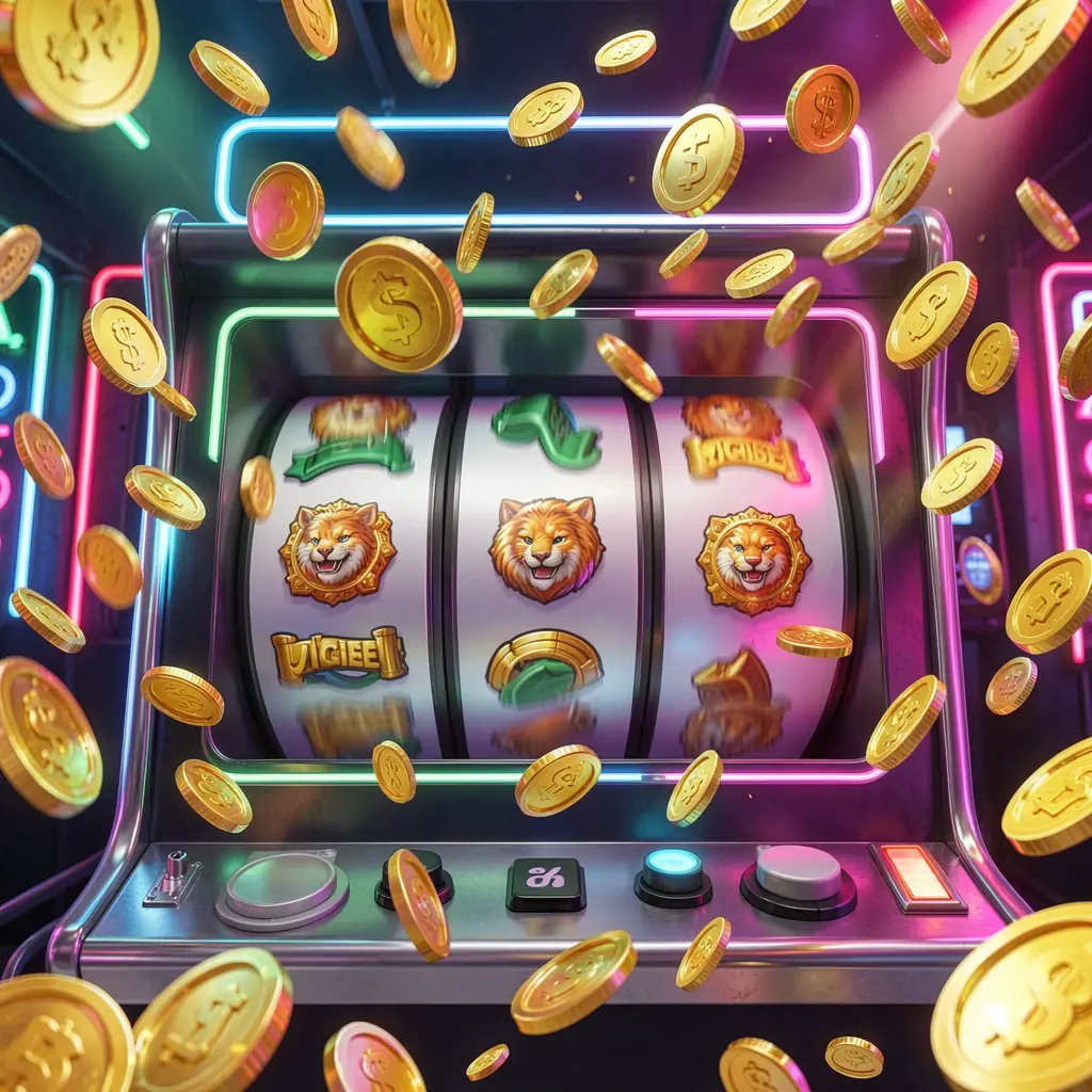 KKK9 free spins casino image showing slot machine reels spinning with golden coins flying everywhere under colorful neon lights creating an exciting jackpot mood in a premium 3D illustration