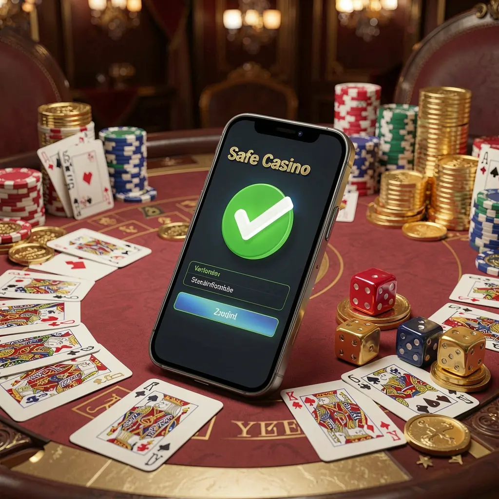 KKK9 safe casino login concept showing a smartphone with verification checkmark icon surrounded by chips, cards, dice, and golden coins on an elegant luxury casino table in a 3D realistic render