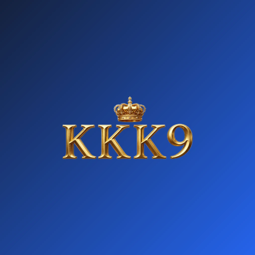 KKK9 luxury brand logo with a gold metallic crown above the letters, featuring a royal design and a wide horizontal rectangular wordmark on a transparent background