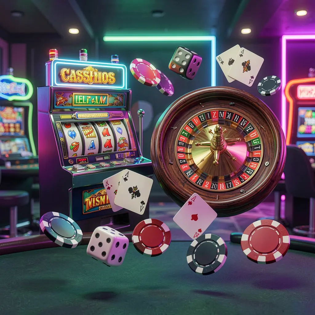 KKK9 casino games collection homepage visual featuring a slot machine, roulette wheel, dice, playing cards, and poker chips floating together with colorful neon lights in a premium 3D render